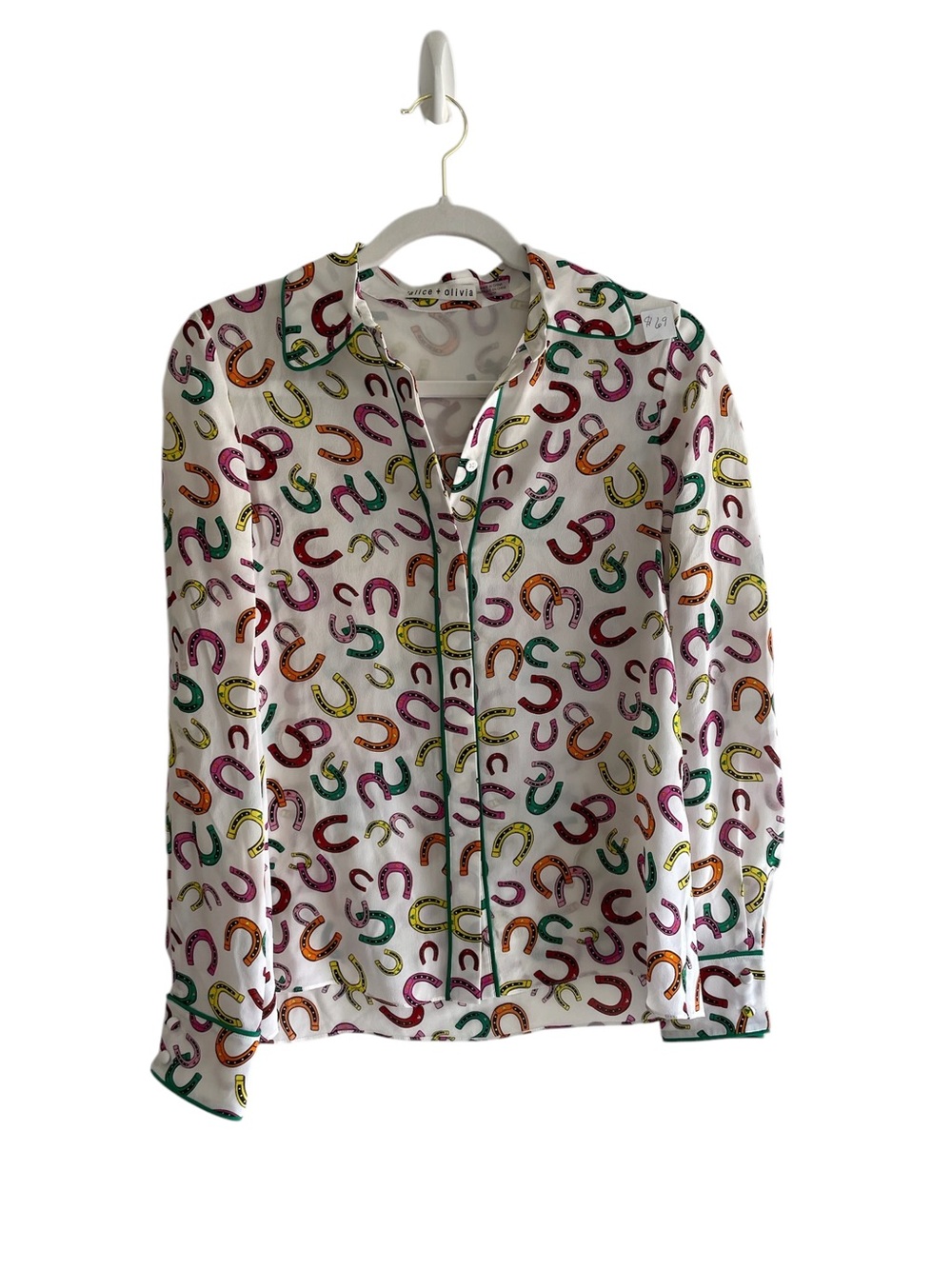 Alice + Olivia White Silk Horseshoe Print Button-Up Top